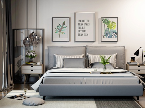  北欧床 装饰边柜组合3d模型 