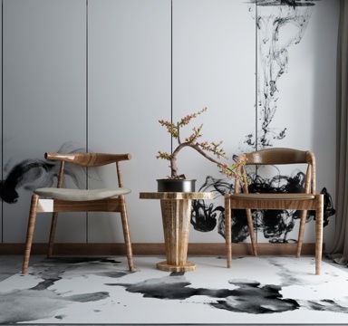  现代茶几沙发组合挂画 地毯 水墨画背景墙3d模型 