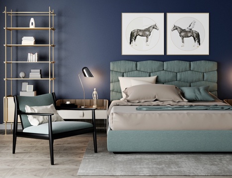  北欧双人床 床 单椅 边柜组合3d模型 