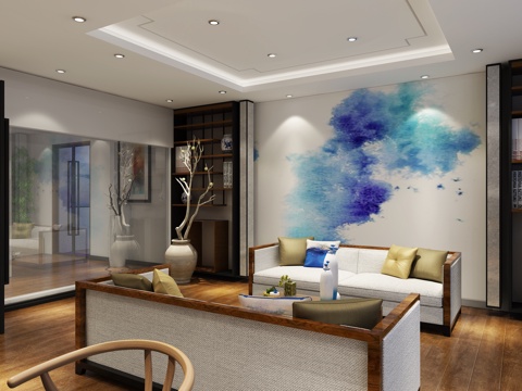  新中式办公室3D模型 墙画 干枝 沙发茶几3d模型 