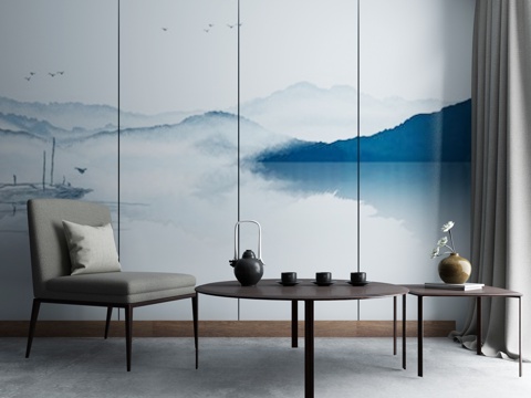  现代茶几沙发组合挂画 地毯 水墨画背景墙3d模型 