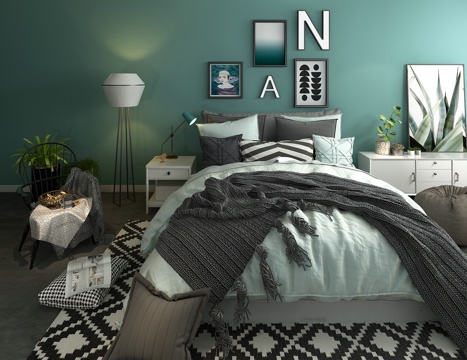  现代北欧床具组合 双人床 装饰墙 台灯 植物摆件3d模型 