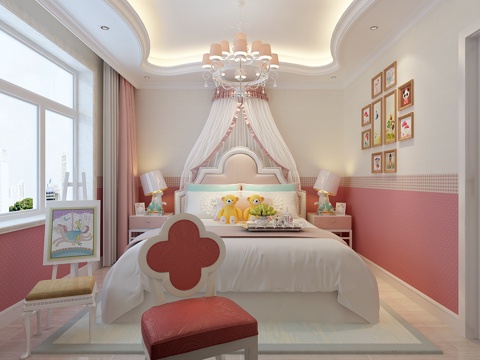  儿童房 女孩房 书柜 柜子 吊灯 吊顶 装饰画  壁纸3d模型 