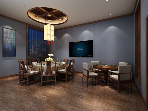  新中式包厢 圆形餐桌 麻将桌 吊灯3d模型 