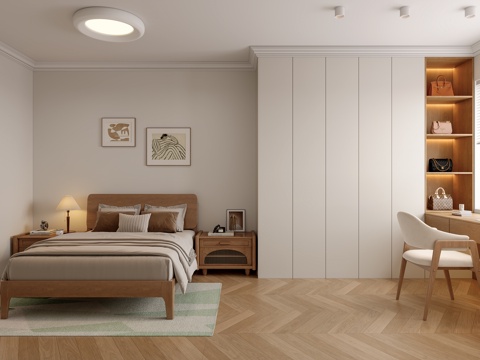  奶油原木风书房卧室3d模型 