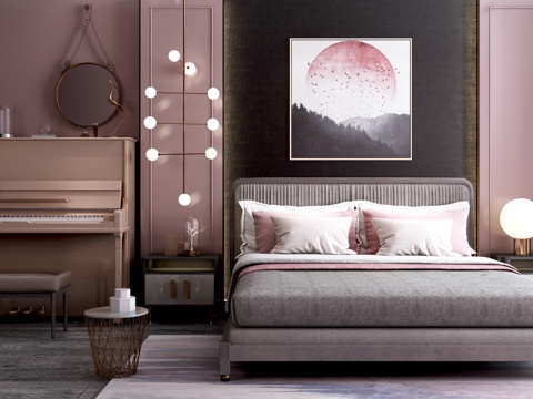  现代北欧床具组合 儿童床 钢琴 台灯 吊灯 镜子3d模型 