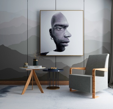  现代茶几沙发组合挂画 地毯 水墨画背景墙3d模型 