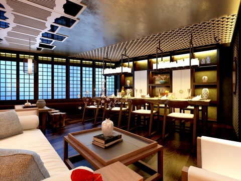  新中式茶饮餐厅包间3d模型 