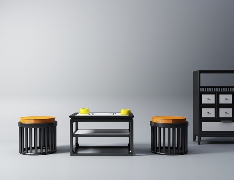  新中式棋盘 凳子 棋子 桌子 柜子 书柜3d模型 