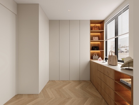  奶油原木风衣帽间3d模型 