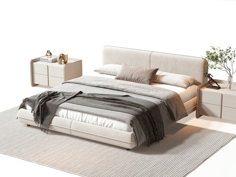 现代双人床 床 双人床 床头柜 摆件 枕头 书 绿植 饰品su模型