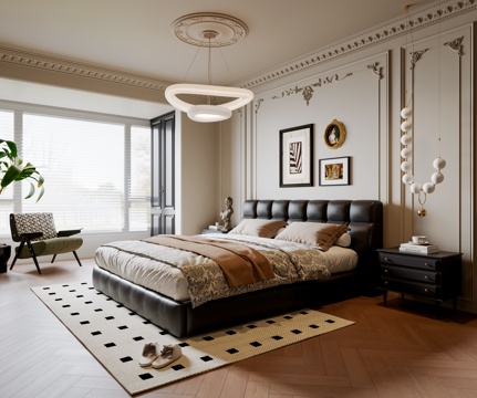 法式中古风卧室 皮质双人床 床头柜 吊灯 挂画 地毯su模型