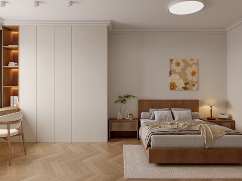  奶油原木风卧室3d模型 