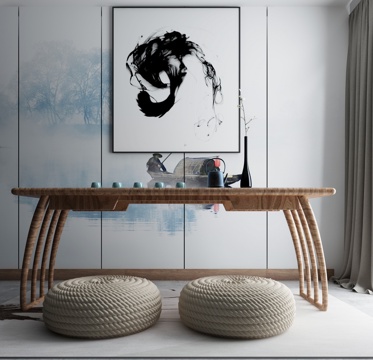  现代茶几沙发组合挂画 地毯 水墨画背景墙3d模型 