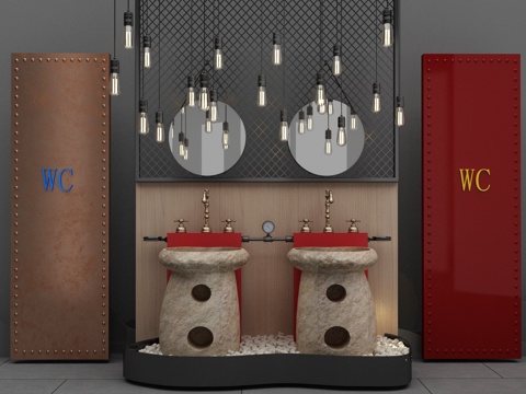  loft卫生间组合 loft台盆柜 工业吊灯 铁门3d模型 