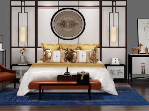  新中式卧室床家具组合3d模型 