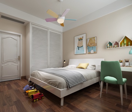  北欧小孩房 北欧床 北欧书桌 北欧百叶门 衣柜3d模型 