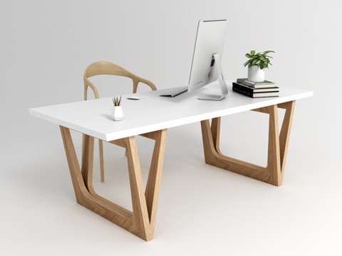  北欧电脑桌 书桌 木质椅子 摆件3d模型 