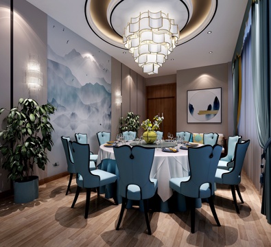  好看的新中式包厢 水晶灯 餐桌椅3d模型 