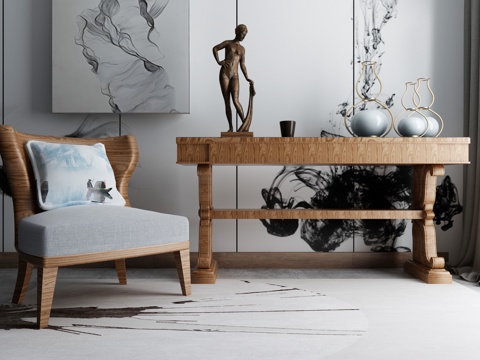  现代茶几沙发组合挂画 地毯 水墨画背景墙3d模型 