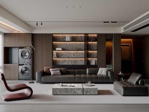 现代意式客厅 沙发茶几 多人沙发 休闲椅 装饰柜 落地灯su模型