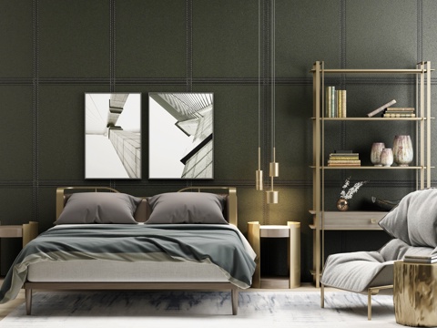  北欧床单椅边柜组合3d模型 