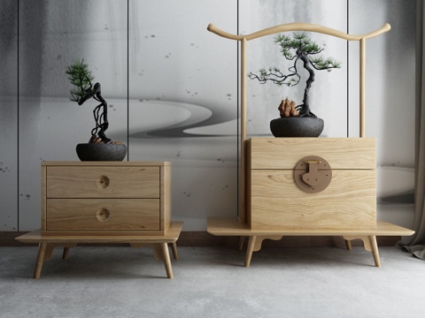  中式床头柜 禅意空间盆景3d模型 