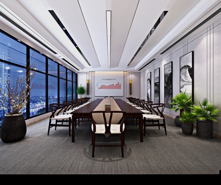  禅意会议室  会议桌  植物3d模型 