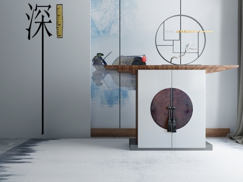  现代茶几沙发组合挂画 地毯 水墨画背景墙3d模型 