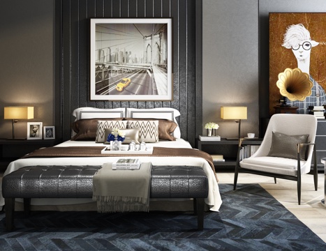  新中式床 装饰边柜组合3d模型 