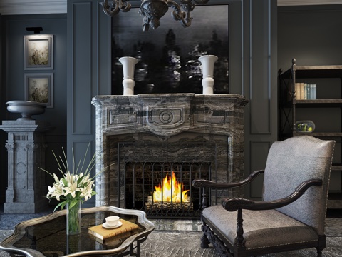  欧式休闲椅 壁炉 吊灯 装饰品组合3d模型 