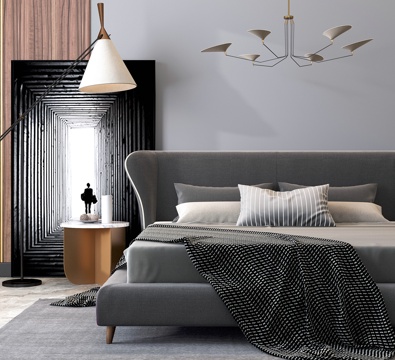  现代北欧床组合 双人床 吊灯 床头柜3d模型 