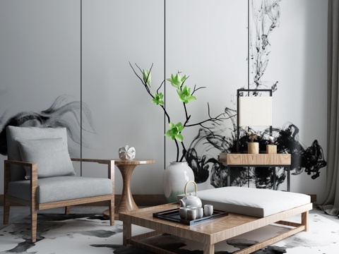  现代茶几沙发组合挂画 地毯 水墨画背景墙3d模型 