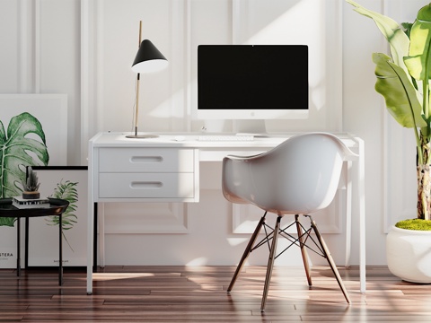  北欧电脑桌 绿植 北欧画 金属台灯 北欧椅子3d模型 