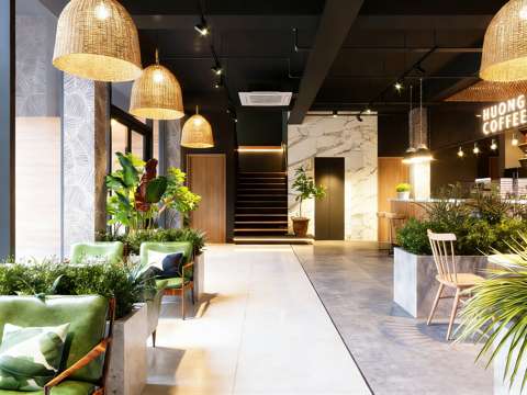 自然系工业风咖啡厅 绿植环绕 编织吊灯 红砖墙免费3d模型