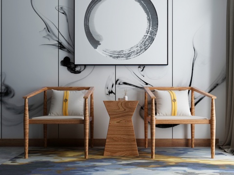  现代茶几沙发组合挂画 地毯 水墨画背景墙3d模型 