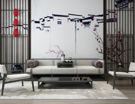  新中式沙发茶几组合3d模型 