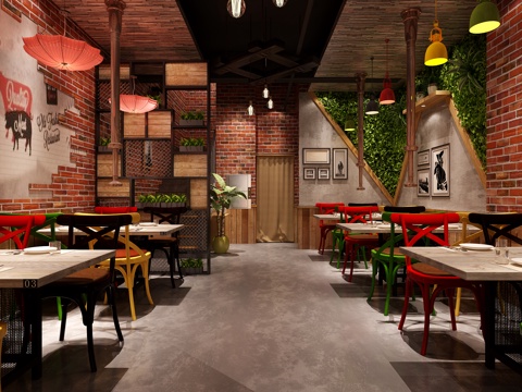  工业风火锅店 烤肉店3d模型 