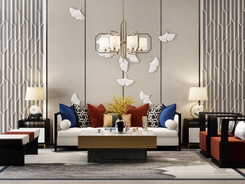  新中式沙发茶几组合 吊灯 雕花组合3d模型 