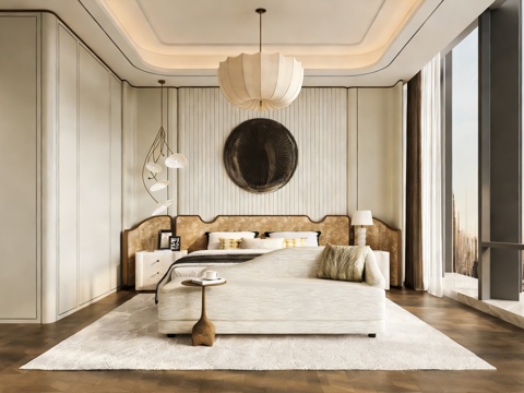  现代轻奢卧室 布艺双人床 床头柜 吊灯 卧室摆件3d模型 