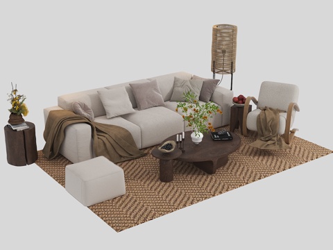  现代复古沙发茶几组合3d模型 