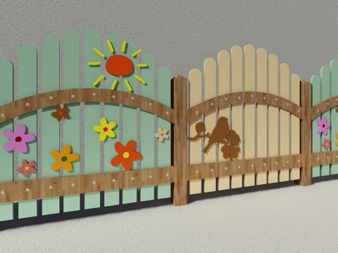 现代生态户外花园卡通木质栏杆动物围栏护栏彩色花朵儿童创意栅栏su模型