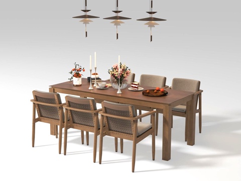  现代复古餐桌椅组3d模型 