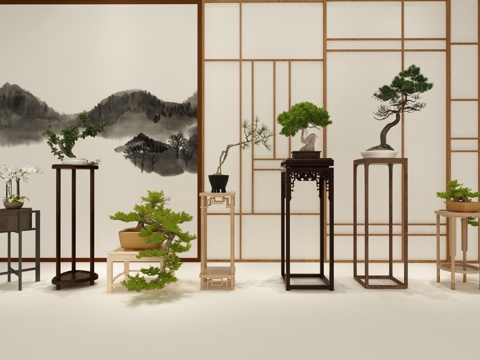  中式新中式植物 摆件 盆景 山水画3d模型 