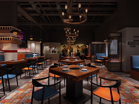  工业风音乐主题餐厅 火锅店 卫生间3d模型 