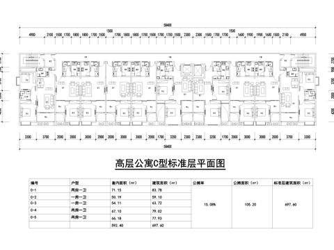 高层公寓标准层建筑户型平面CAD施工图cad施工图