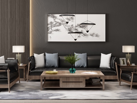  中式沙发茶几吊灯挂画组合3d模型 