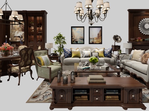  美式沙发茶几组合 餐桌椅 吊灯 橱柜 书桌椅3d模型 