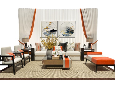  新中式沙发茶几挂画窗帘组合3d模型 