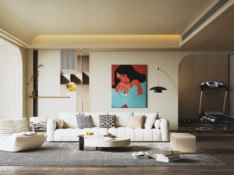  现代奶油风客厅 沙发背景墙 沙发茶几组合 跑步机3d模型 